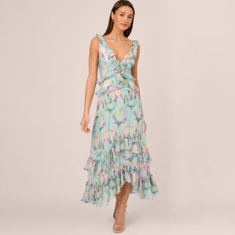 Adrianna Papell Pastel Floral Ruffled Midi Dress